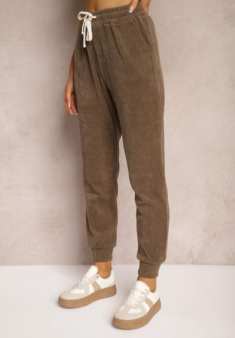 Brązowe Dresowe Spodnie z Dodatkiem Bawełny High Waist z Gumką w Pasie Pesaria 4