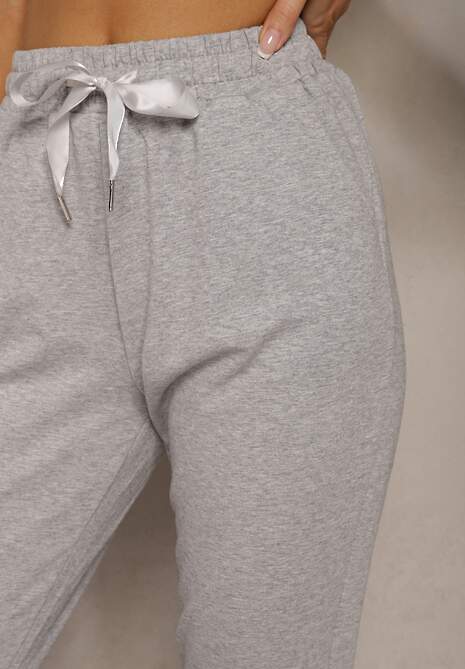 Jasnoszare Casualowe Spodnie z Bawełny High Waist z Gumką w Pasie Beliefra 5