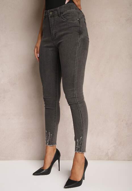 Szare Jeansy o Fasonie Skinny z Brokatem i Przetarciami Nevelica 4