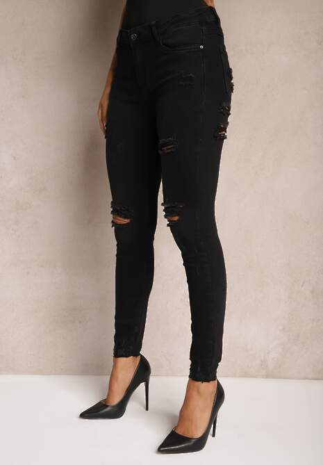 Czarne Skinny Jeansy z Dodatkiem Bawełny Ozdobione Dziurami i Przetarciami Evisi 4