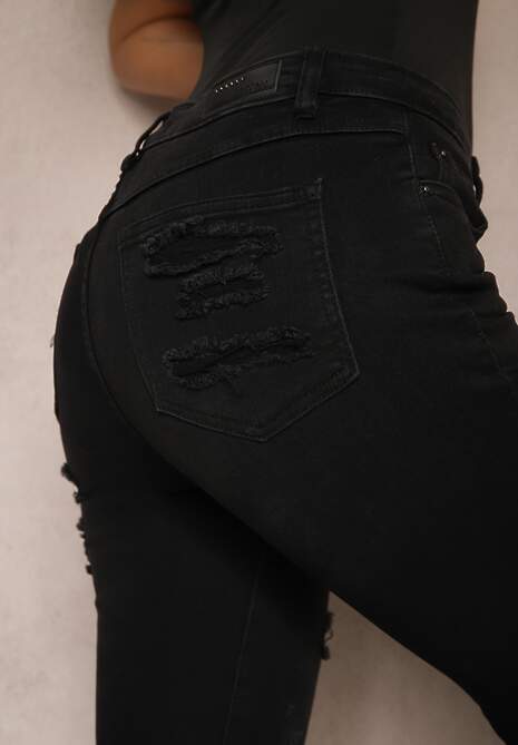 Czarne Skinny Jeansy z Dodatkiem Bawełny Ozdobione Dziurami i Przetarciami Evisi 5