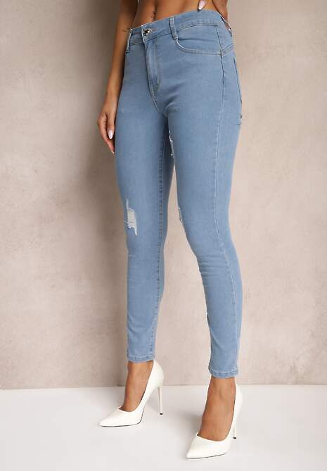 Niebieskie Jeansy Skinny Wykończone Przetarciami i Dziurami Evilenn 4