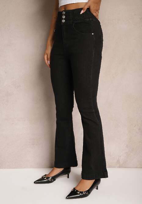 Czarne Jeansy High Waist o Kroju Dzwonów z Dodatkiem Bawełny Wykończone Guzikami Nevisca 4