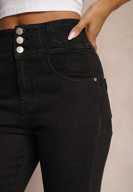 Czarne Jeansy High Waist o Kroju Dzwonów z Dodatkiem Bawełny Wykończone Guzikami Nevisca 5