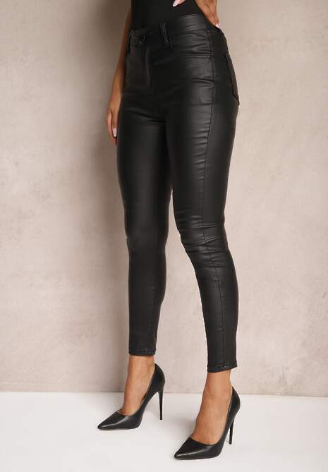 Czarne Spodnie Skinny High Waist z Dodatkiem Bawełny z Ekoskóry Nevitae 4