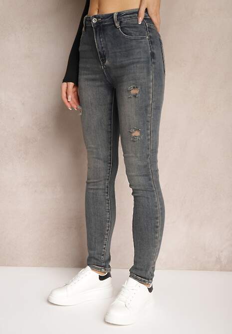 Granatowe Jeansy Skinny High Waist Wykończone Przetarciami Nevelisa 4