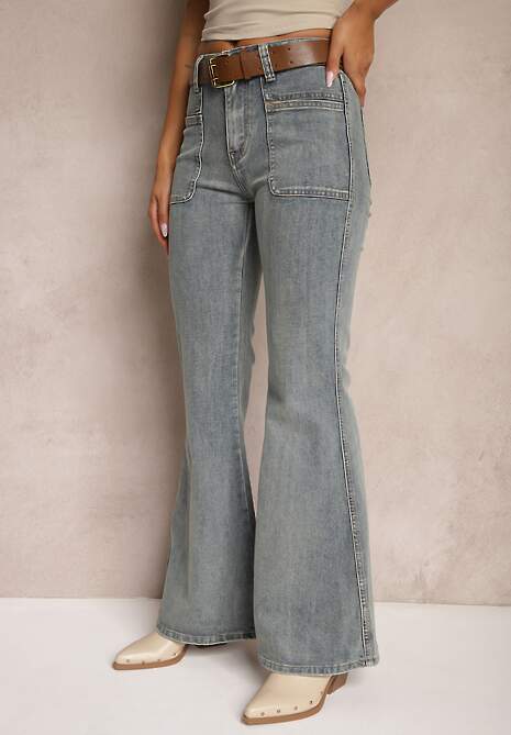 Jasnoniebieskie Jeansy z Bawełny Dzwony High Waist  z Paskiem i Ozdobnymi Kieszeniami Mevalia 5