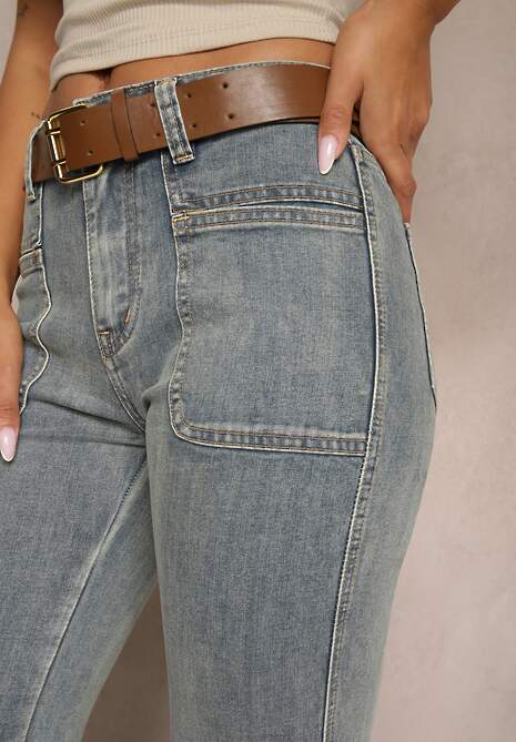 Jasnoniebieskie Jeansy z Bawełny Dzwony High Waist  z Paskiem i Ozdobnymi Kieszeniami Mevalia 6