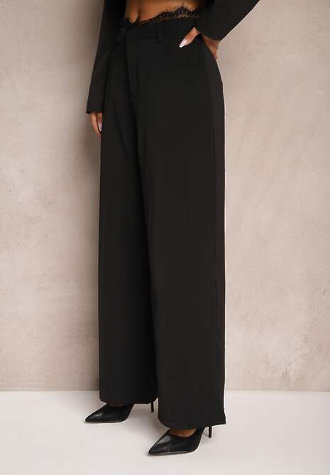 Czarne Garniturowe Spodnie z Koronką o Szerokim Kroju High Waist Nevisha 4