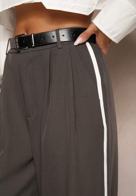 Szare Spodnie o Szerokim Kroju High Waist Ozdobione Paskiem i Lampasami Evilaia 5