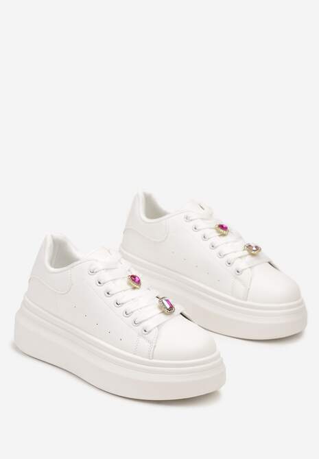 Białe Sneakersy na Platformie z Aplikacjami na Sznurówkach Neveahra 5