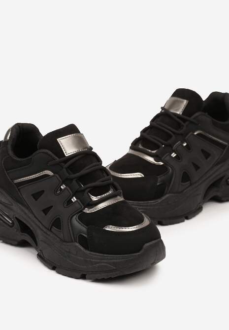 Czarne Sznurowane Sneakersy na Tłoczonej Platformie Nevettine 6