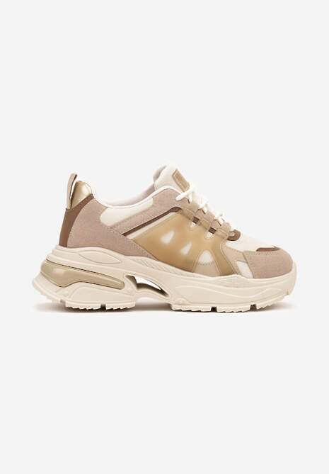 Ciemnobeżowe Sznurowane Sneakersy na Tłoczonej Platformie Nevettine 4