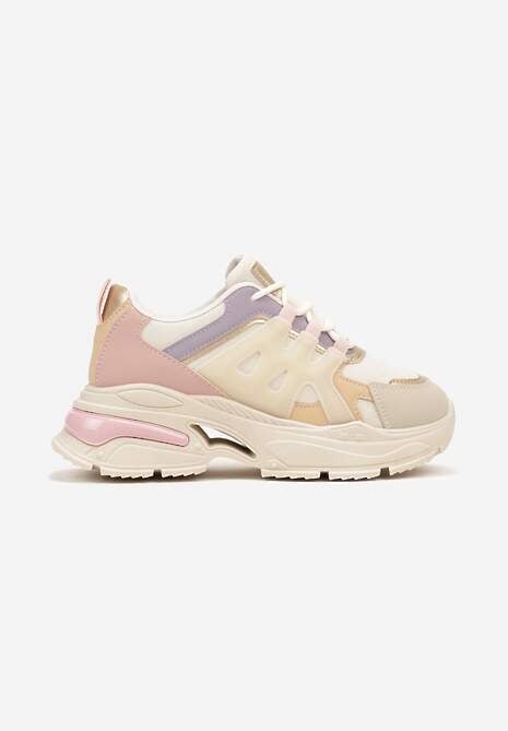 Beżowe Sznurowane Sneakersy na Tłoczonej Platformie Nevettine 4