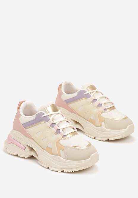 Beżowe Sznurowane Sneakersy na Tłoczonej Platformie Nevettine 5