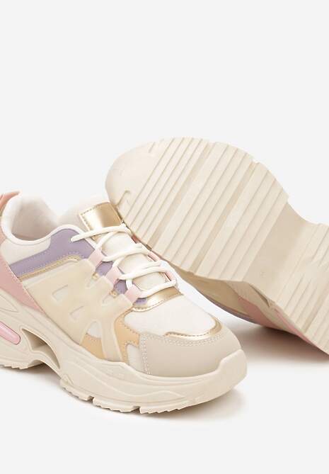 Beżowe Sznurowane Sneakersy na Tłoczonej Platformie Nevettine 6
