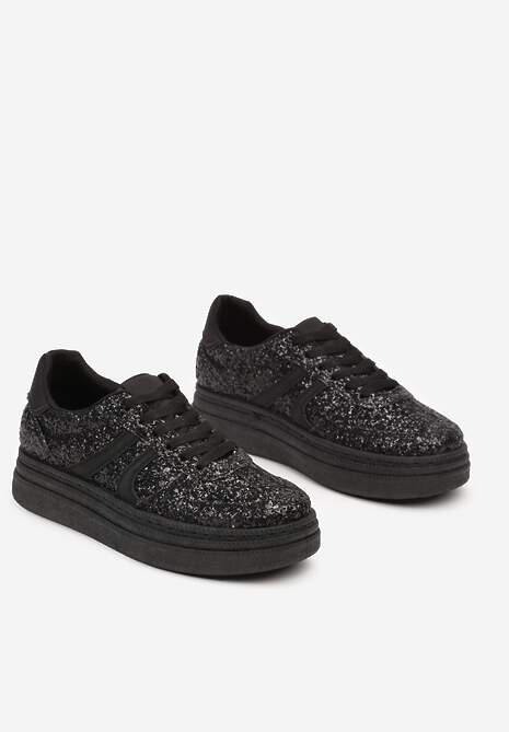 Czarne Brokatowe Sneakersy na Niskiej Platformie Nevilinna 5