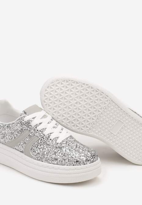Srebrne Brokatowe Sneakersy na Niskiej Platformie Nevilinna 6