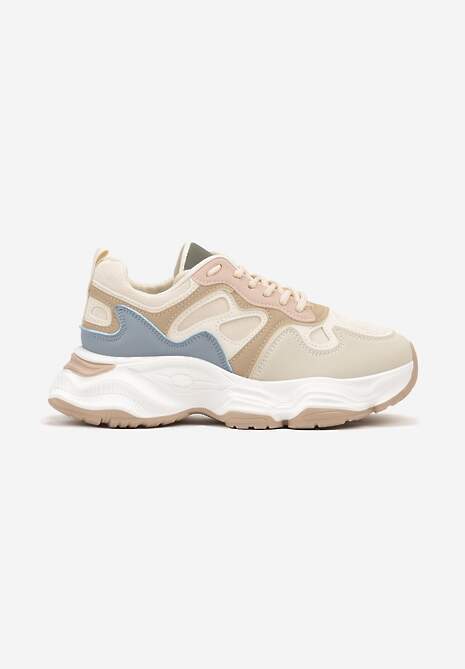 Beżowo-Niebieskie Casualowe Sneakersy na Platformie z Geometrycznym Motywem Mevalise 4