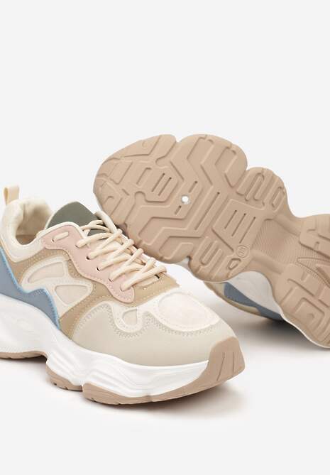Beżowo-Niebieskie Casualowe Sneakersy na Platformie z Geometrycznym Motywem Mevalise 6