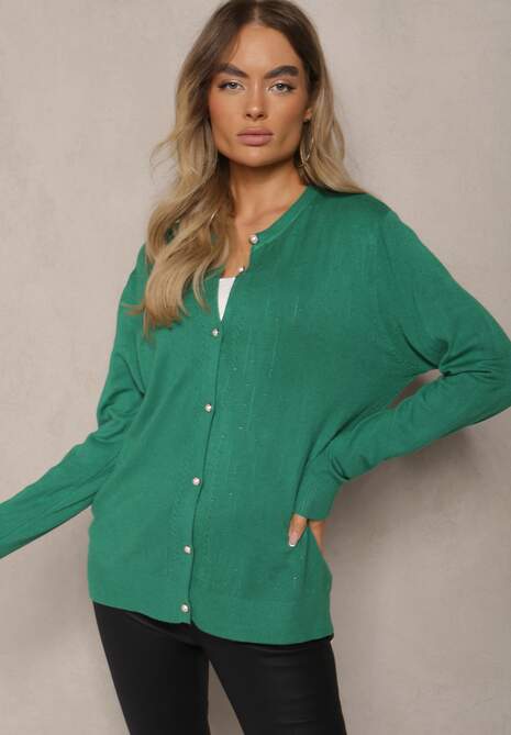 Zielony Kardigan z Dodatkiem Bawełny Ozdobiony Cyrkoniami Zapinany na Guziki Mevanine 4