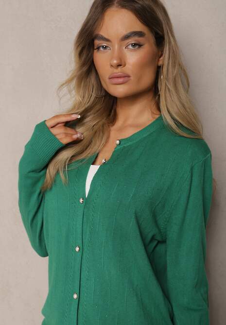 Zielony Kardigan z Dodatkiem Bawełny Ozdobiony Cyrkoniami Zapinany na Guziki Mevanine 5