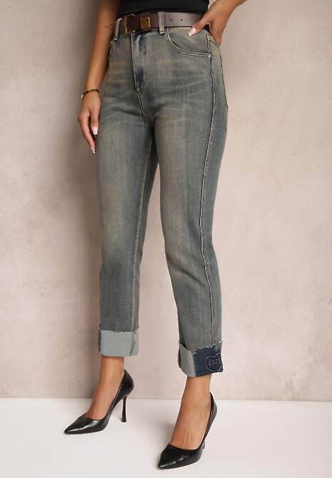 Niebiesko-Szare  Jeansy High Waist z Bawełny z Efektem Postarzenia i Modnym Paskiem Rilelle 4