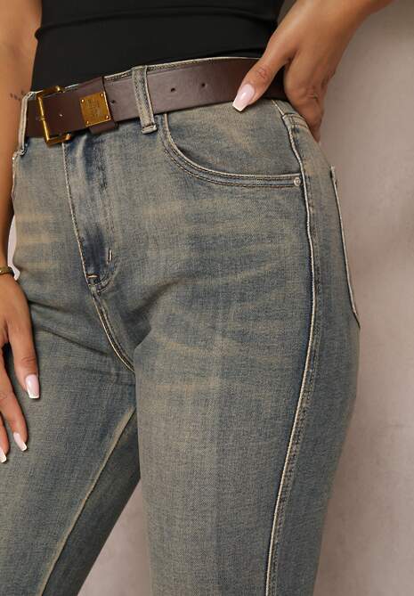 Niebiesko-Szare  Jeansy High Waist z Bawełny z Efektem Postarzenia i Modnym Paskiem Rilelle 5