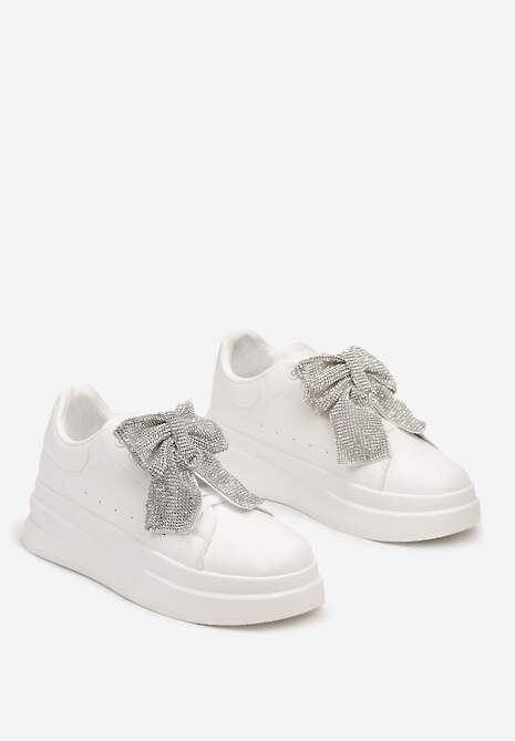 Białe Sneakersy na Platformie z Odpinaną Kokardą z Cyrkonii Terithe 5