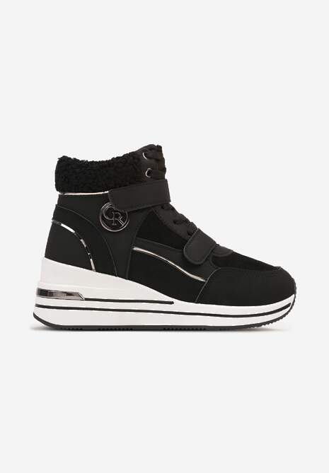 Czarne Sneakersy na Koturnie z Metalicznymi Wstawkami i Sztucznym Futerkiem Lerilanes 4
