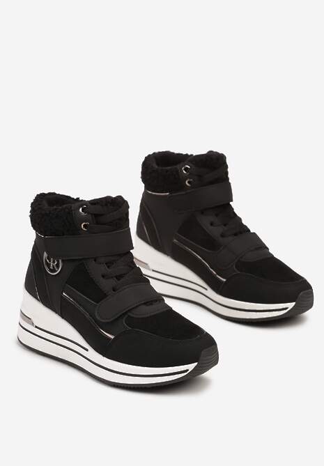 Czarne Sneakersy na Koturnie z Metalicznymi Wstawkami i Sztucznym Futerkiem Lerilanes 5