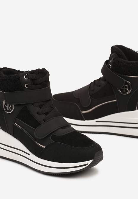 Czarne Sneakersy na Koturnie z Metalicznymi Wstawkami i Sztucznym Futerkiem Lerilanes 6