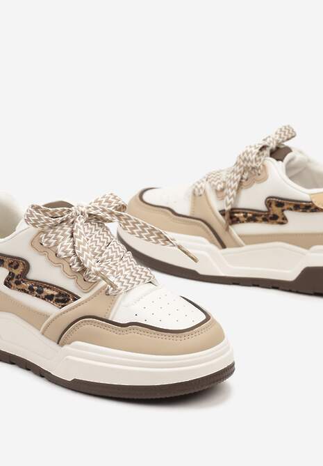 Beżowo-Brązowe Sneakersy z Przeszyciami w Panterkę i Grubą Podeszwą Berinela 6