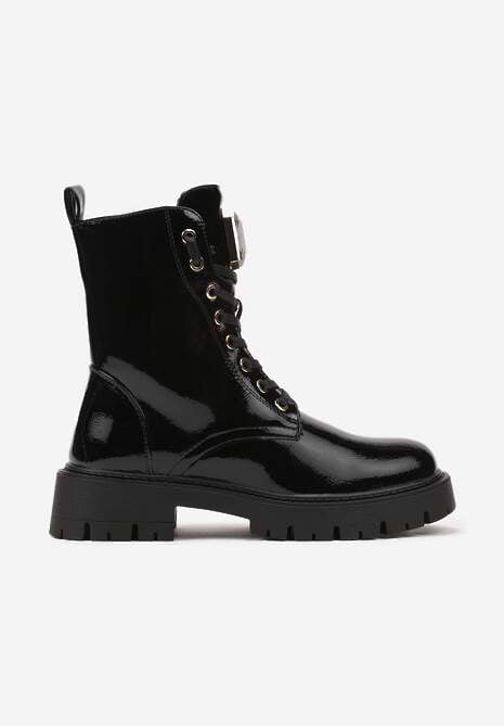 Czarne Sznurowane Botki na Platformie w Stylu Workerów z Aplikacją Kryształka Arrelae 4