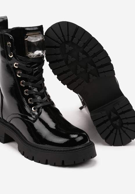 Czarne Sznurowane Botki na Platformie w Stylu Workerów z Aplikacją Kryształka Arrelae 6