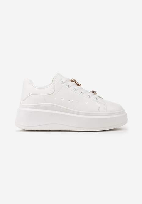 Białe Sneakersy na Grubej Podeszwie ze Złotymi Ozdobami na Sznurówkach i Wstawką na Pięcie Rexisa 4