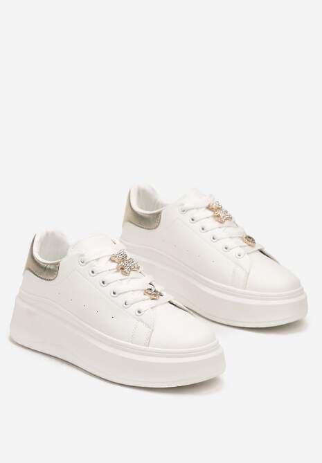 Biało-Złote Sneakersy na Grubej Podeszwie ze Złotymi Ozdobami na Sznurówkach i Wstawką na Pięcie Rexisa 5
