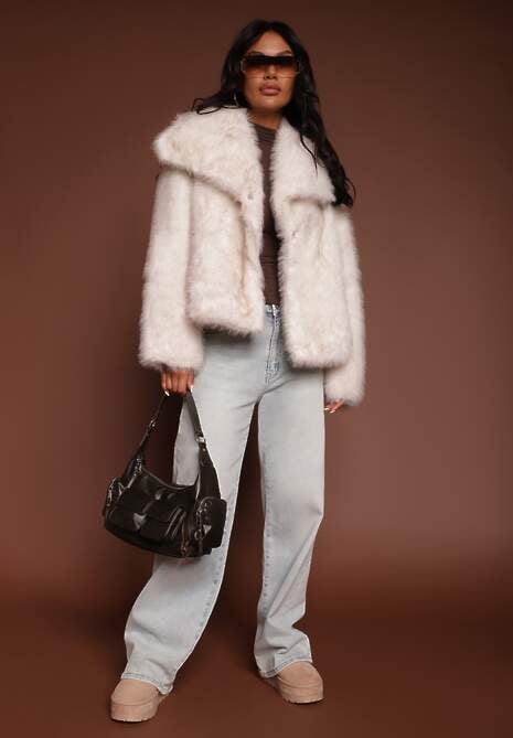 Jasnobeżowa Kurtka ze Sztucznego Futra Ozdobiona Kołnierzem Meriian 6