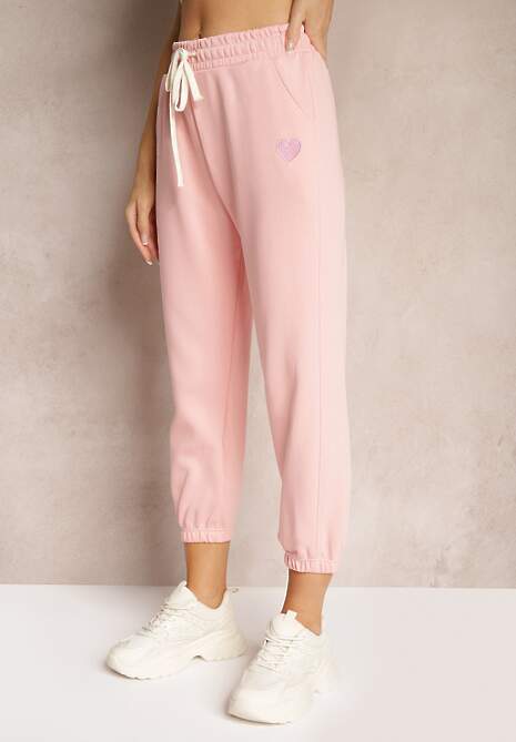 Różowe Spodnie High Waist Dresowe Bawełniane ze Sznurkiem w Pasie i Małą Naszywką Lerianns 4