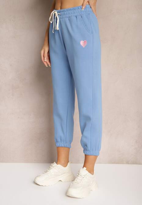 Niebieskie Spodnie High Waist Dresowe Bawełniane ze Sznurkiem w Pasie i Małą Naszywką Lerianns 4