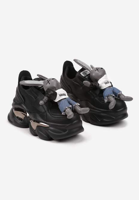 Czarne Sneakersy na Platformie z Odczepianym Królikiem i Metalicznymi Paskami Heslinne 5