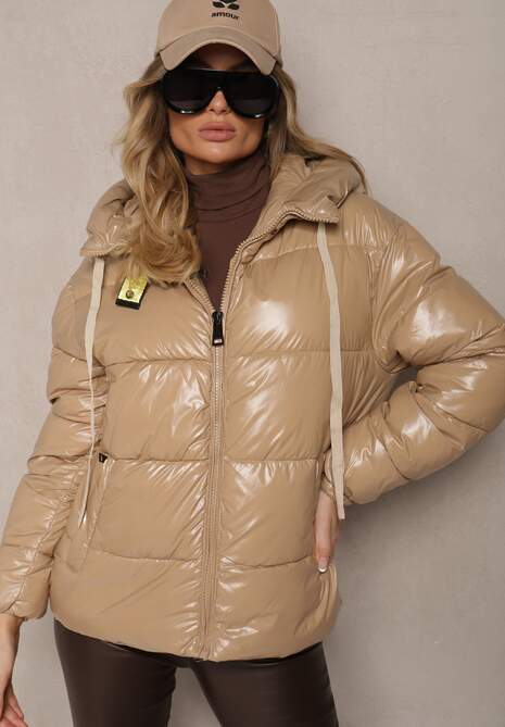 Beżowa Kurtka Pikowana Ozdobiona Połyskiem Arkolla
