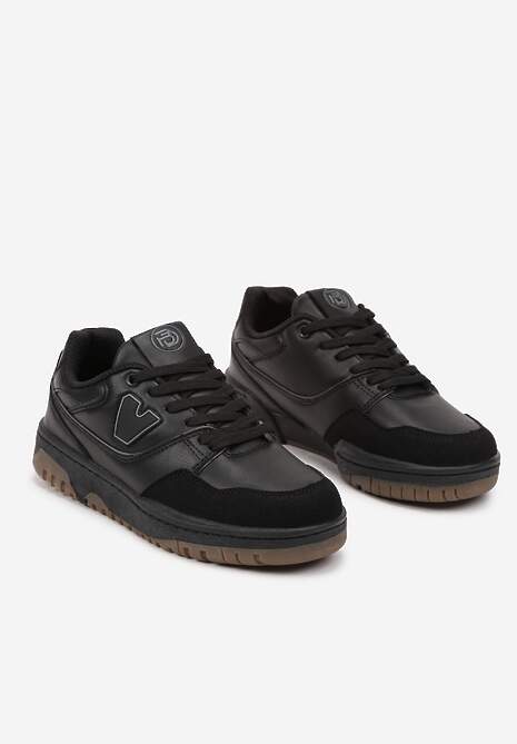 Czarne Sneakersy Sznurowane z Aplikacją na Boku i Przeszyciami Irilian 5