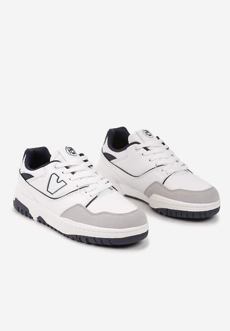 Biało-Granatowe Sneakersy Sznurowane z Aplikacją na Boku i Przeszyciami Irilian 5