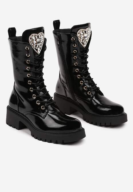 Czarne Lakierowane Botki Workery Ozdobione Serduszkiem z Kryształkami Merilithe 5