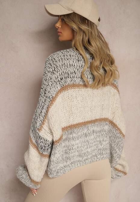 Beżowy Kardigan Niezapinany z Wełną Ozdobiony Paskami Irinaa 4