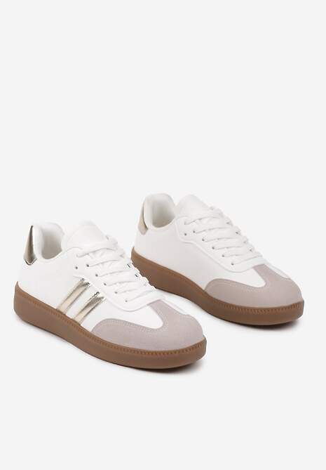 Biało-Złote Sneakersy na Płaskiej Podeszwie z Geometrycznym Zdobieniem Irinis 5