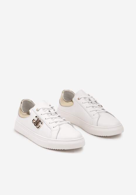 Biało-Złote Sneakersy na Płaskiej Podeszwie ze Skóry Naturalnej z Aplikacją 3D Milisea 5