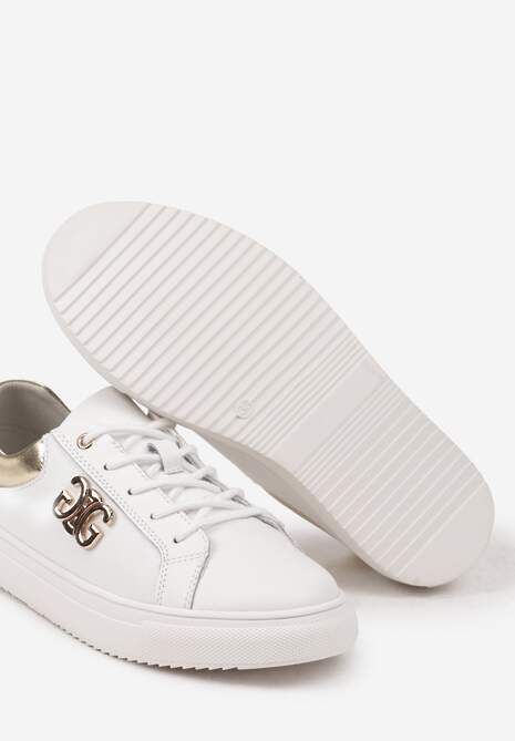 Biało-Złote Sneakersy na Płaskiej Podeszwie ze Skóry Naturalnej z Aplikacją 3D Milisea 6