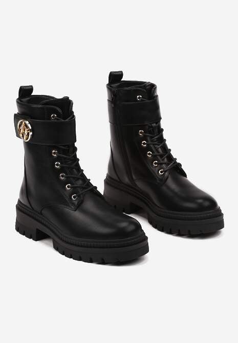 Czarne Płaskie Botki w Stylu Workerów Ozdobione Aplikacją i Paskiem na Rzep Anselene 5